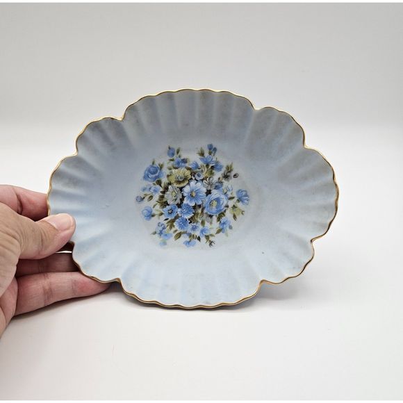 Lefton Soap Dish Hand Painted Porcelain Blue Floral Trinket Tray Plate Vintage - Picture 2 of 11